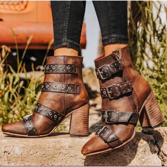 Freebird Joust Brown Leather Buckle Heeled Boots - Picture 1 of 11